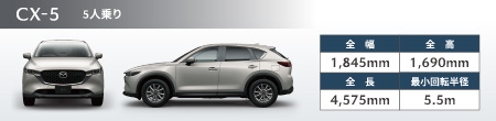 CX-5 5人乗り　全幅1,845mm 全高1,690mm 全長4,575mm 最小回転半径5.5m