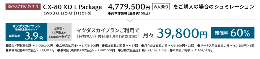 SKYACTIV D3.3 CX-80 XD L Package 4,779,500円 車両本体価格（消費税10%込） 6人乗り をご購入の場合のシュミレーション　マツダスカイプラン「3年型・37回払い・1,000kmタイプ　分割払い手数料3.9％（実質年利）」月々39,800円 残価率60%