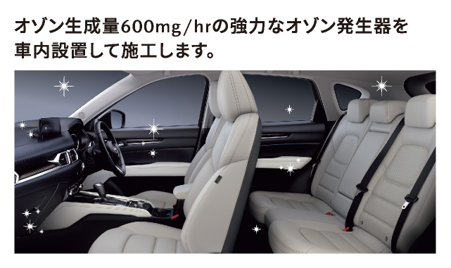 オゾン生成量600mg/hrの強力なオゾン発生器を車内設置して施工します。