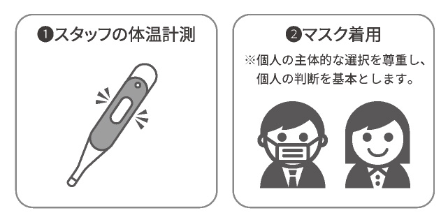 スタッフの体温計測。マスク着用。※個人の主体的な選択を尊重し、個人の判断を基本とします。