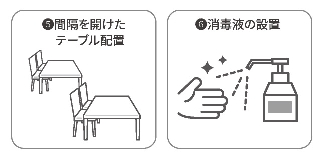 間隔を開けたテーブル配置。消毒液の設置。