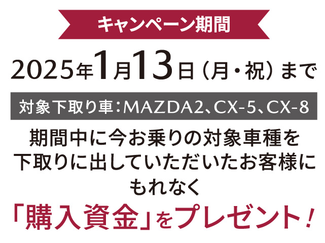 広島マツダ 乗り換え応援キャンペーン　開催期間：2025年1月13日（月・祝）まで　対象下取り車：MAZDA2、CX-5、CX-8　期間中に今お乗りの対象車種を下取りに出していただいたお客様に、もれなく「購入資金」をプレゼント！