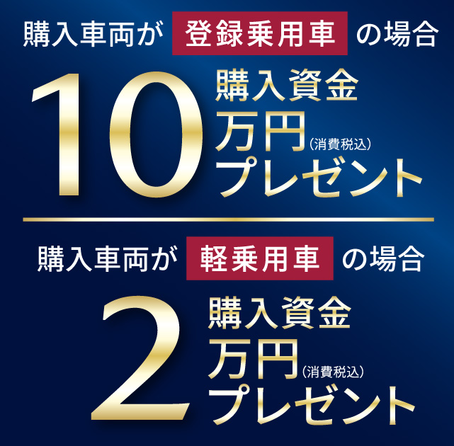 登録乗用車購入資金10万円分（消費税込）プレゼント、軽乗用車購入資金2万円分（消費税込）プレゼント