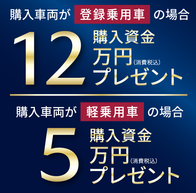 登録乗用車購入資金12万円分（消費税込）プレゼント、軽乗用車購入資金5万円分（消費税込）プレゼント