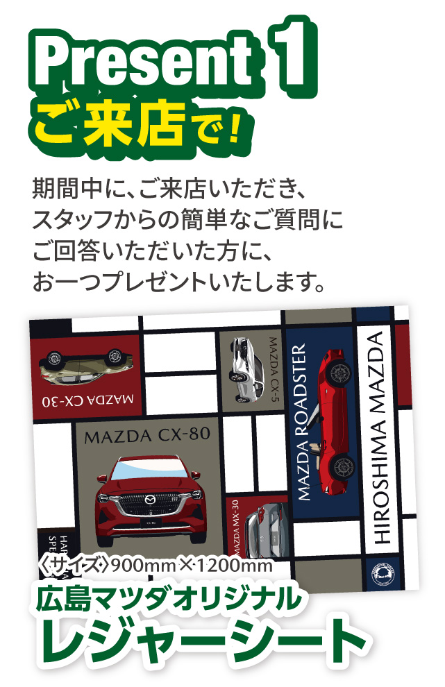 Present1 期間中にご来店いただき、スタッフからの簡単なご質問にご回答いただいた方に、お一つプレゼントいたします。「広島マツダオリジナル レジャーシート」サイズ：900mm×1200mm